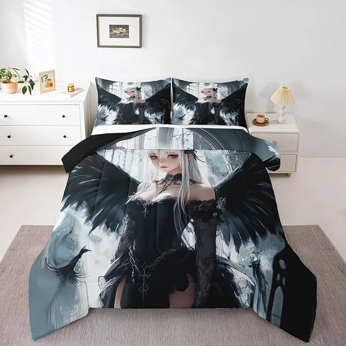Premium Material Erosebridal Anime Girl Bedding Set Twin Size Kawaii Japanese Anime Comforter for Kids Boys Teens Adult Cartoon Girl Quilt Japan Animation Bedroom Decor Machine Washable Black White Functional