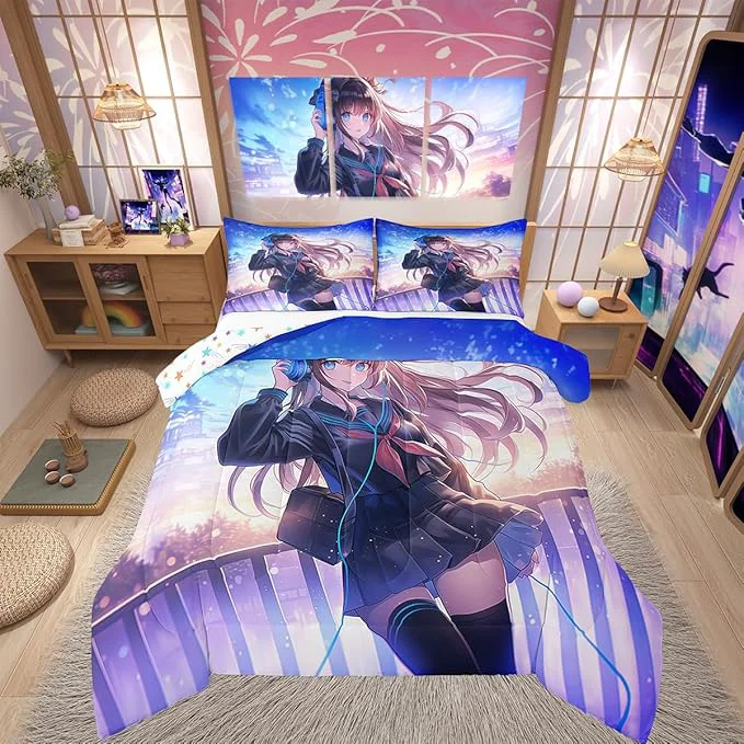 Fine Erosebridal Anime Girl Bedding Set Toddler Size Japanese Anime Comforter Set for Kids Boys Teens Bedroom Decor Cartoon Girl Duvet Insert Kawaii Japanese Animation Quilt with 1 Pillow Case Practical