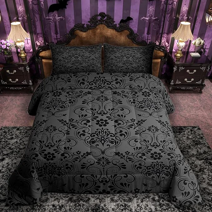 Exceptional Feelyou Adults Black Vintage Damask Floral Comforter Set Oriental Antique Comforter Full Size Gothic Bohemia Boho Flower Bedding Set Bohemian Exotic Duvet Set Quilt Set 3Pcs Relaxed