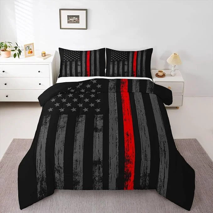Expertly Made Erosebridal American Flag Comforter Set Twin Black Grey Red Line Flag Bedding Set for Men Boys Kids Girls Novelty Star Stripe Down Comforter Retro Vintage Flags Bedding Sets amp Collections Prestigious