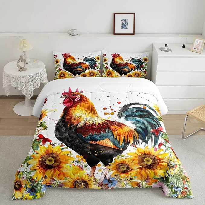 High-Quality Erosebridal Sunflower Comforter Set Queen Size Chicken Bedding Set Yellow Floral Down Comforter Watercolor Botanical Chick Animal Red Rooster Duvet Set Tie Dye Quilted Duvet Bedroom Decor Artisan