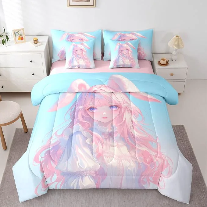 Lightweight Erosebridal 3D Anime Girl Bedding Set Japanese Girl Bed in A Bag Cartoon Anime Twin Comforter Set 7 Piece for Kids Teen Women Room Decor Pink Kawaii Rabbit Doll Blue Bed Set Practical