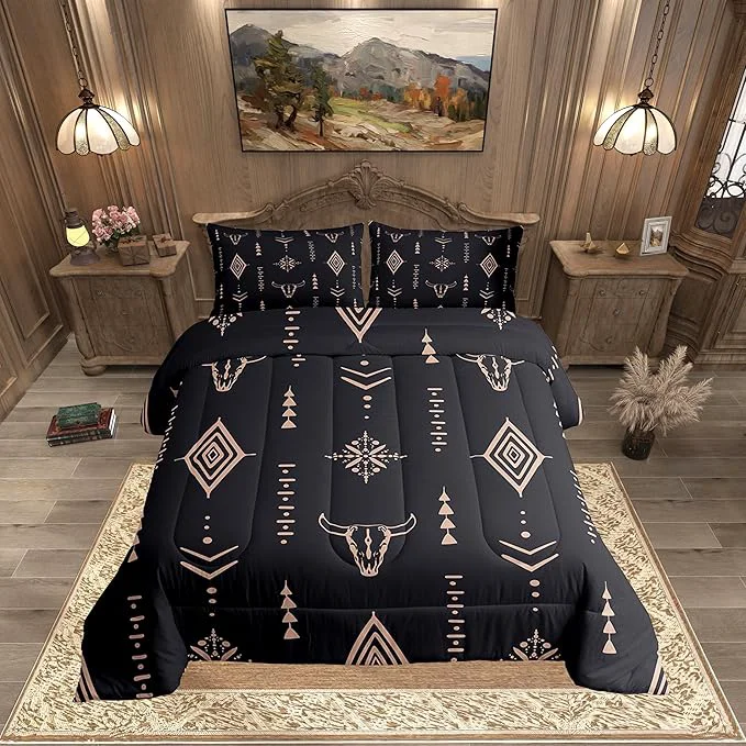 Sophisticated Erosebridal Bull Skull Comforter Set Full Boho Bedding Ethnic Horns Bedding Comforter Sets Black Brown Tribal Symbol Mysterious Aztec Room Decor Abstract Geometric Duvet Insert for Men Boys Smart