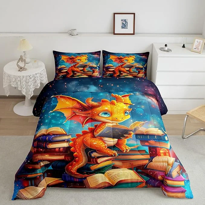 Sustainable Cartoon Dragon Comforter Set King Size Glitter Star Galaxy Nebula Bedding Set for Kids Boys Girls Room Decor al Book Pattern Duvet Insert 3Pcs Wild Animal Outer Space Quilt Set 2 Pillowcases Certified
