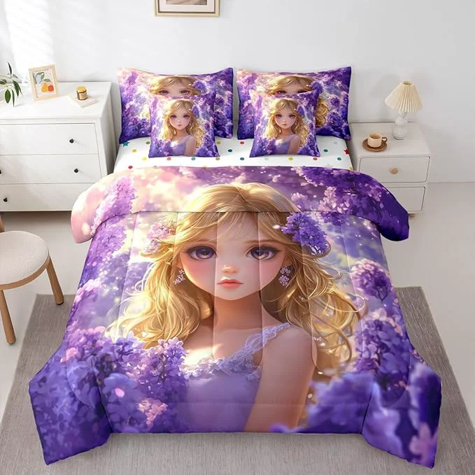 Responsible Erosebridal Japanese Anime Bed in A Bag for Kids Girls Kawaii Lavender Girl Bedding Set Romantic Dreamy Cartoon Girl Twin Comforter Set 7 Piece Purple Aesthetic Cherry Blossom Butterfly Bed Set Exceptional