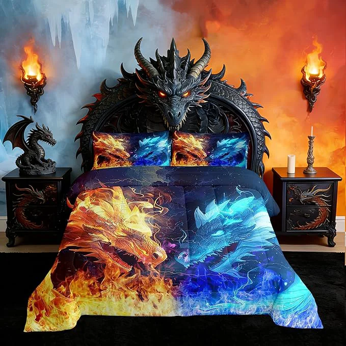 Modern Dragon Comforter Set Ice and Fire al Dragon Queen Size Boys Bedding Set for Kids Teens Men Adults Room Decor Animal Pattern Duvet Insert Blue and Golden Wildlife Quilt Set 3Pcs 2 Pillowcases Enhanced
