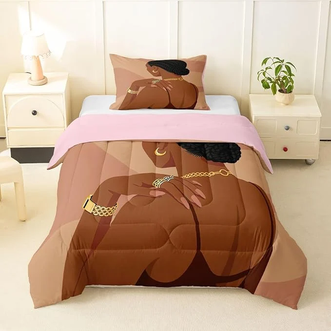 Contemporary Erosebridal Fashion Black Woman Comforter Set Twin Size 2 Piece Romantic Makeup Themed Girls Bedding Set Fashionable Gorgeous Down Comforter Vogue Afro Girls Duvet Insert for Kids Teens Adult Bedroom Consistent