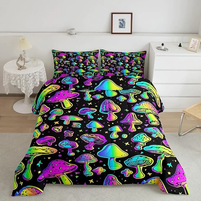 Sophisticated Erosebridal Mushroom Comforter Set Queen Cute Mushroom Comforter for Kids Girls Boys Cartoon Tie Dye Bedding Sets Teal Purple Neon Ombre Down Comforter Wild Colorful Botanical Quilt Set Convenient