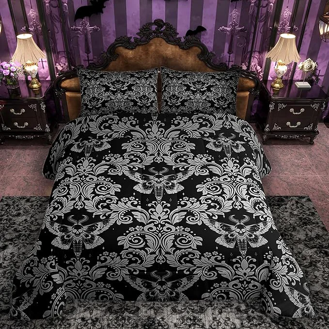 Top-Quality Feelyou Adults White Black Vintage Damask Floral Comforter Set Oriental Antique Comforter Twin Size Gothic Bohemia Boho Flower Bedding Set Gothic Skull Duvet Set Quilt Set 2Pcs Innovative