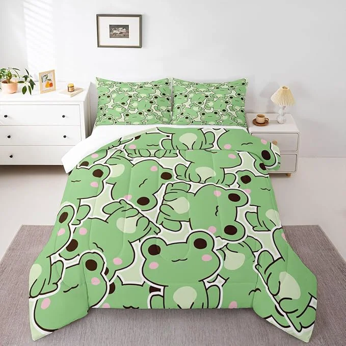 Breathable Erosebridal Kawaii Frogs Comforter Set Queen Size Cartoon Frog Bedding Set for Kids Boys Girls Teens Green Wild Animals Farmhouse Down Comforter Cute Wildlife Rustic Funny 3Pcs Duvet Insert Advanced