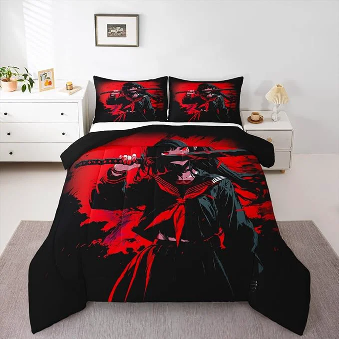 Secure Erosebridal Japanese Anime Bedding Set for Kids Anime Girl Comforter Set King Size Japanese Girl Duvet Insert for Girls Teens Adult Room Kawaii Animation Red Black Quilt Machine Washable Sophisticated