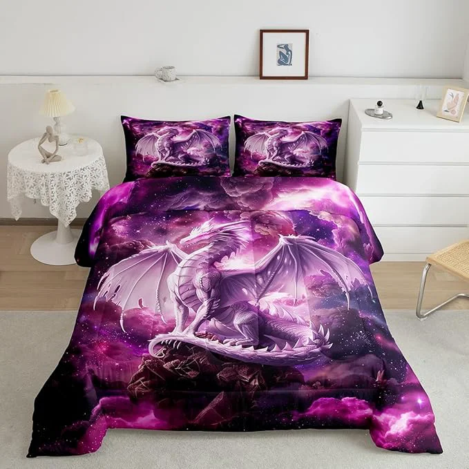 Eco-Friendly Dragon Kids Comforter Set King Size Western al Dragon Bedding Set for Boys Teens Adults Room Decor Animal Galaxy Nebula Duvet Insert 3Pcs Glitter Starry Sky Wildlife Quilt Set 2 Pillowcases High-Grade