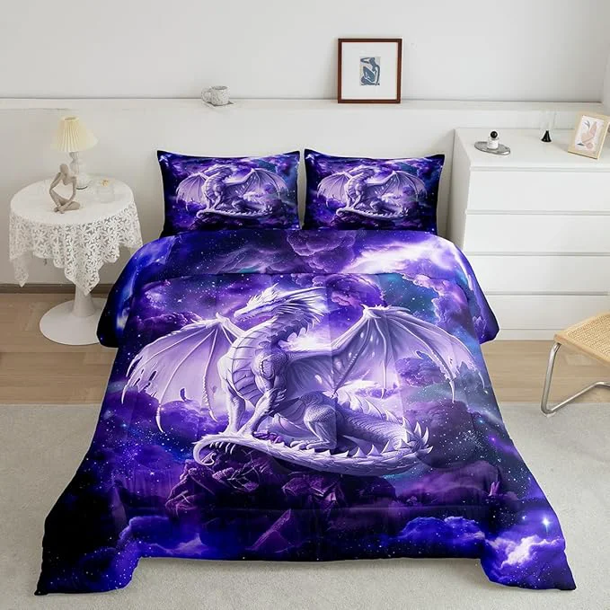 Classic 3D Dragon Bedding Set Full Size Galaxy Starry Sky Comforter Set for Kids Boys Girls Room Decor Glitter Nebula Outer Space Duvet Insert 3Pcs Western al Animal Purple Quilt Set 2 Pillowcases Powerful