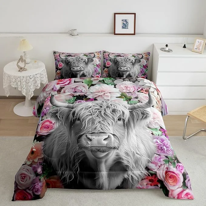 Casual Erosebridal Highland Cow Comforter Set King Size Rose Flower Bedding Set for Kids Girls Boys Teens Adult Western Wild Animal Bull Cattle Down Comforter Funny Farmhouse Comforter Pink Grey Selected