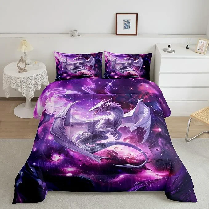 Excellent Dragon Galaxy Bedding Set Full Size Western al Wildlife Comforter Set for Kids Boys Teens Adults Room Decor Outer Space Animal Duvet Insert 3Pcs Star Glitter Fantasy Quilt Set 2 Pillowcases Fast
