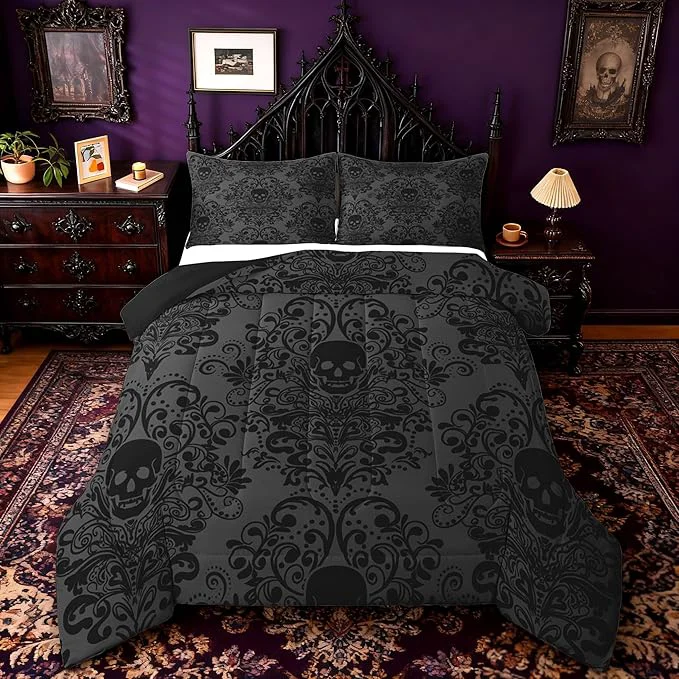 Selected Feelyou Adults Gothic Skull Bedding Set King Size Kids Damask Print Comforter Goth Bohemian Duvet Breathable Soft Lightweight Microfiber Dark Olive Green Room Decor with 2 Pillowcases Artisan