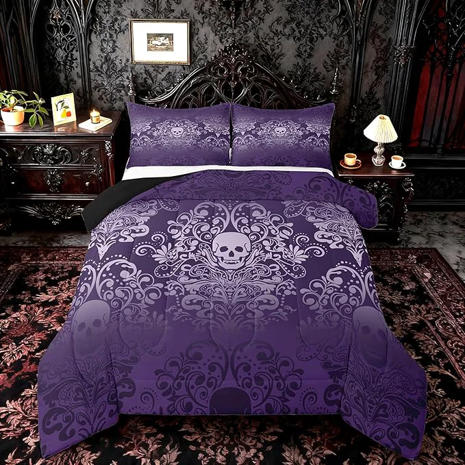 Minimalist Feelyou Adults Gothic Skull Bedding Set King Size Kids Damask Print Comforter Goth Bohemian Duvet Breathable Soft Lightweight Microfiber Purple Room Decor with 2 Pillowcases User-Friendly