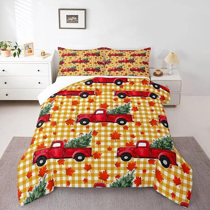 Original Erosebridal Christmas Comforter Set King Red Truck Down Comforter Xmas Tree Maple Leaves Bedding Set Yellow Lattice Grid Comforters amp Sets Autum Quilt for Kids Teens Bedroom Decor Verified