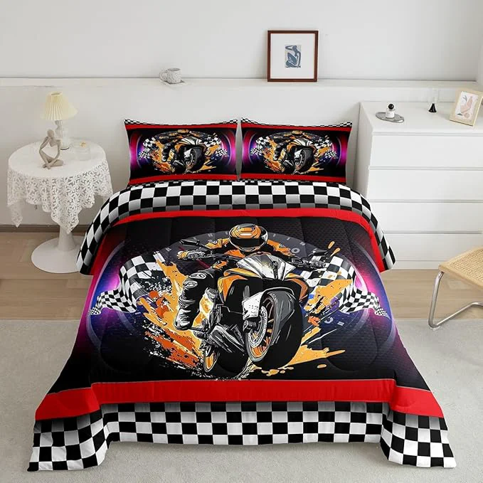 Fast Feelyou Dirt Bike Comforter Set Toddler Size Flag Comforter Racing Motocross Rider Bedding Set Extreme Sports Duvet Set Room Decor Black Purple Quilt Set Minimalist
