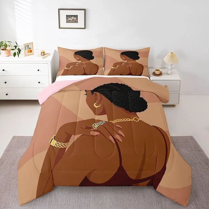 Carefully Designed Erosebridal Fashion Black Woman Comforter Set Full Size 3 Piece Romantic Makeup Themed Girls Bedding Set Fashionable Gorgeous Down Comforter Vogue Afro Girls Duvet Insert for Kids Teens Adult Bedroom First-Class