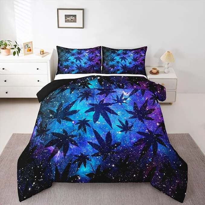 Exclusive Erosebridal Leaves Comforter Set Teens Galaxy Bedding Set King for Women Men Youth Leaves Duvet Set Soft Chic Purple Blue Duvet Set Room Decor Quilt Set Responsible