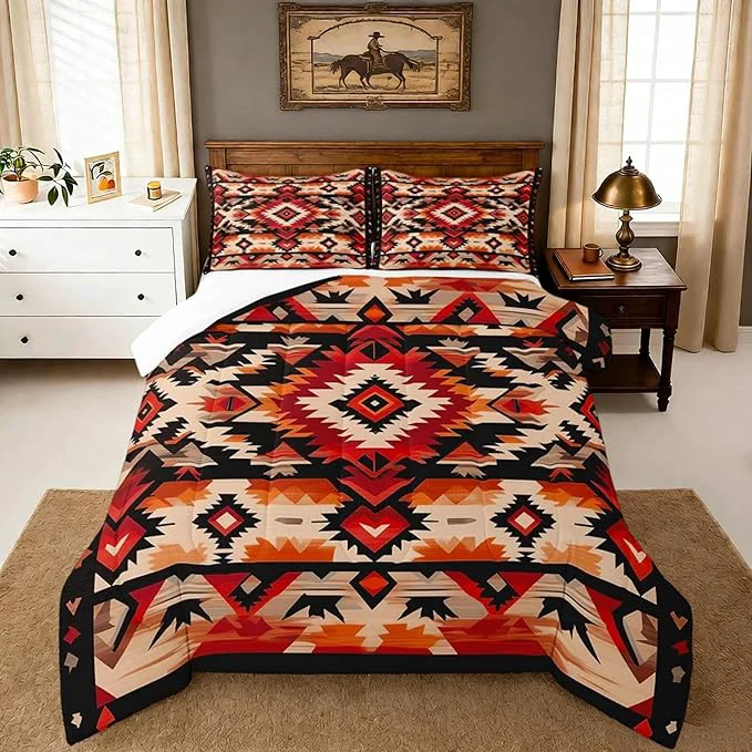 Excellent Feelyou Boho Comforter Set Queen Size Southwest Native American Design Comforter Southwestern Geometric Bedding Set Western Decor Duvet Set Room Decor Hot Orange Quilt Set Breathable