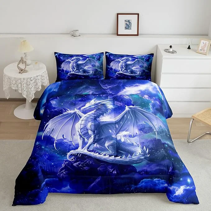 Specialty Western al Dragon Bedding Set Full Size Starry Sky Glitter Comforter Set for Kids Boys Girls Room Decor Galaxy Nebula Wildlife Duvet Insert 3Pcs Nature Animal Blue Quilt Set 2 Pillowcases Refined