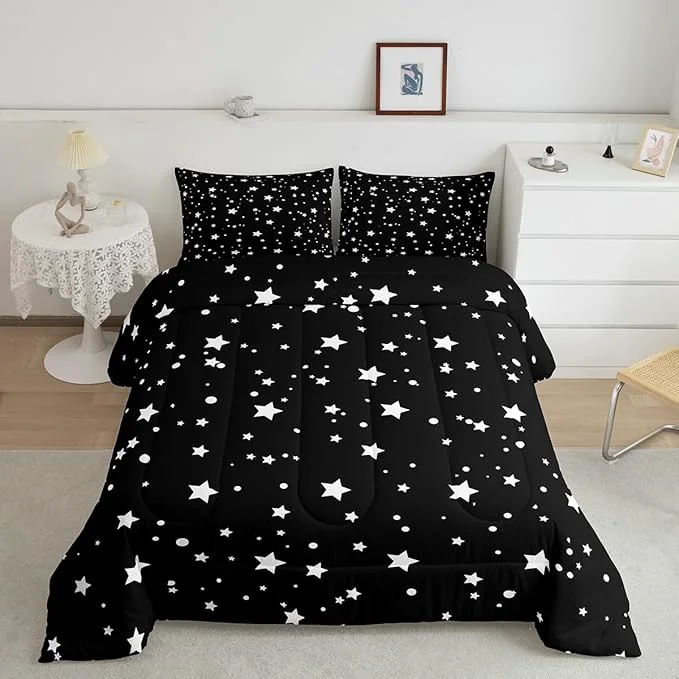 Elegant Starry Sky Comforter Set Queen Size Galaxy Star Bedding Set for Kids Boys Girls Outer Space Down Comforter Black and White Geometric Polka Dots Quilt Set Warm Soft Bedroom Decor 2 Pillow Cases Stylish