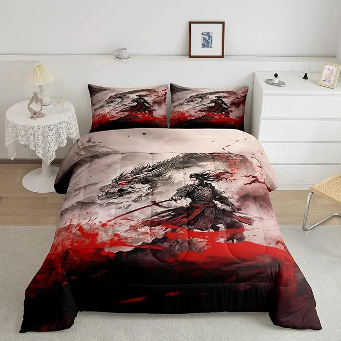 Certified Dragon Comforter Set Full Size Japanese Samurai Bedding Set Kids Boys Teens Men Home Decor al Animals 3D Dragon Quilt Set Western Wildlife Theme Black Red Ink Style Duvet Insert 2 Pillowcases Proven