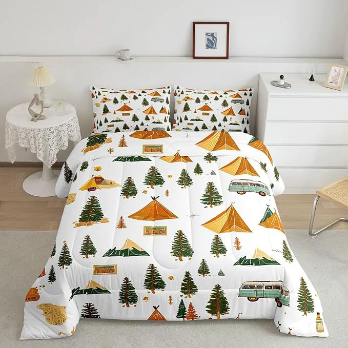 Advanced Feelyou Camping Comforter Set Full Size Vintage Comforter Camper Accessories for Travel Trailers Bedding Set Camper Duvet Set Room Decor Ivory Quilt Set Official