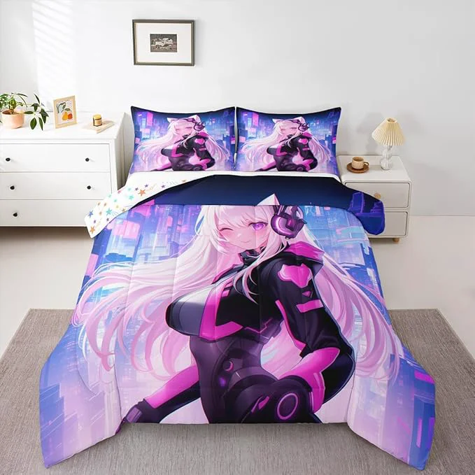 Traditional Erosebridal Queen Anime Girl Comforter Set 3 Piece Kawaii Japanese Anime Bedding Set Cartoon Girl Bedding Comforter Sets Sci Fi Style Japanese Animation Quilt for Kids Girls Teens Adult Room Exceptional