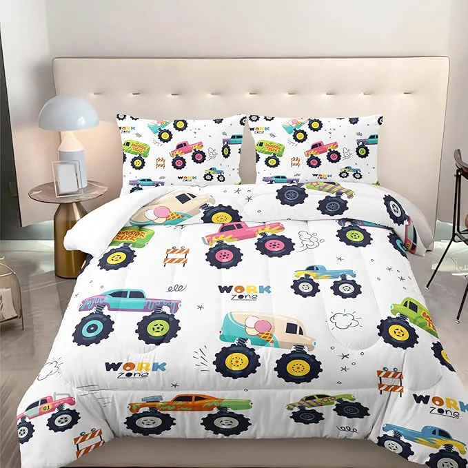 Professional Kids Comforter Set for Boys Cartoon Monster Car 3 Pieces Bedding Set Full Colorful Off-Road Vehicle All Season Soft Microfiber Down with 2 Pillowcases Detailed