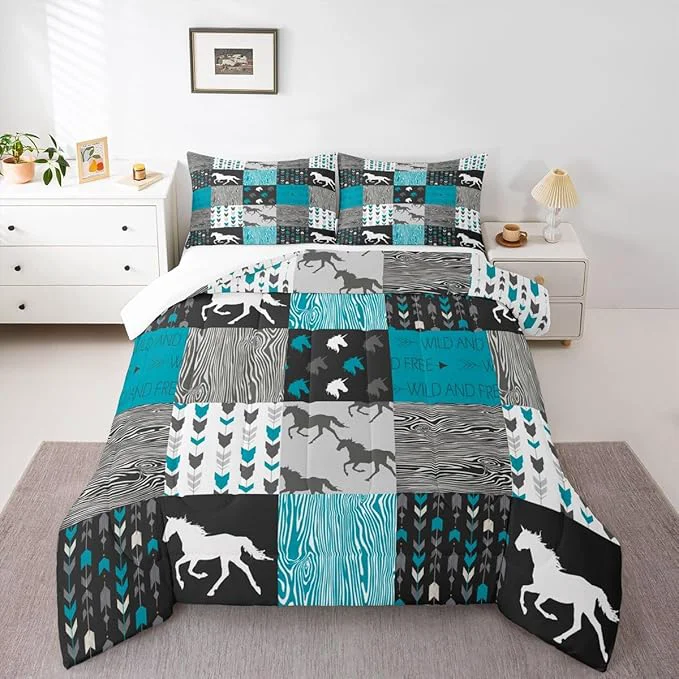 Elite Horse Comforter Set King Size Patchwork Teal Unicorn Bedding Set For Kids Boys Girls Black Gray Wild Horses Wood Grain Down Comforter Geometric Lattice Arrow Grid Animal Room Decor Duvet Set Smooth