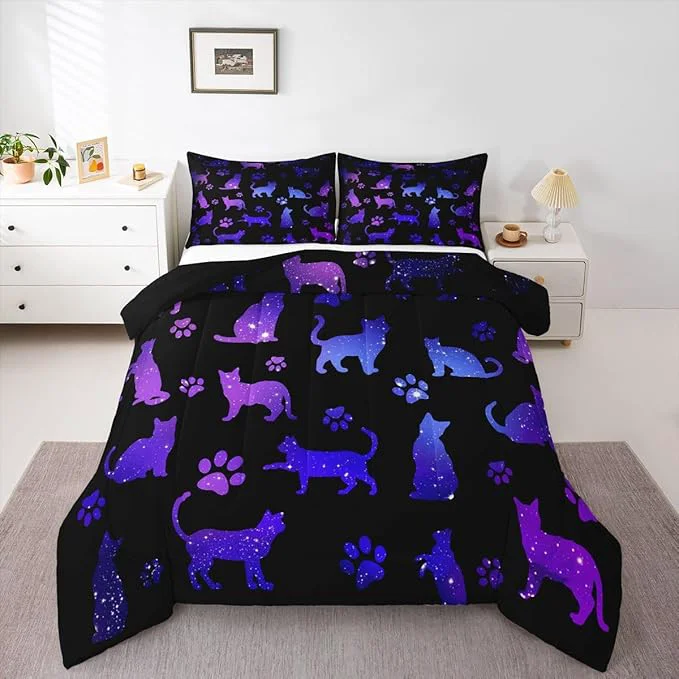 Comfortable Cat Comforter Set Full Cat Lovers Bedding Cats Cartoon Silhouette Purple Blue Reversible Black Ombre Bedding Comforter Sets Neon Pets Animal Paw Print Galaxy Slitter Stars Quilt For Kids Boys Girls Contemporary