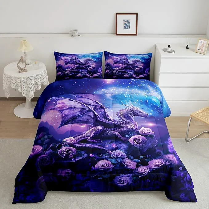 Quality Dragon Comforter Set Queen Size Purple Nebula Galaxy Bedding Set for Kids Boys Girls Room Decor Starry Sky Rose Flower Duvet Insert 3Pcs Western al Dragon Microfiber Quilt Set 2 Pillowcases Premium Material