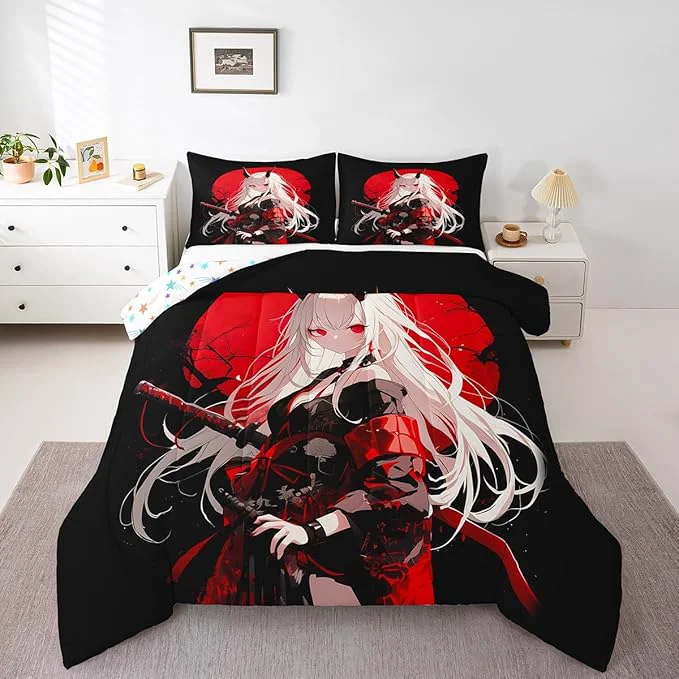 Eco-Friendly Erosebridal Toddler Japanese Anime Bedding Set for Kids Anime Girl Comforter Set Kawaii Japanese Style Duvet Insert Cartoon Japan Animation Quilt for Boys Teens Adult Women Bedroom Red Black Stylish