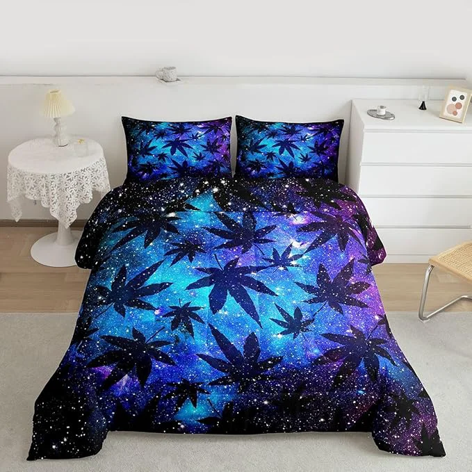 Clean Erosebridal Leaves Comforter Set Teens Galaxy Bedding Set Queen for Women Men Youth Soft Chic Purple Blue Duvet Set Room Decor Quilt Set