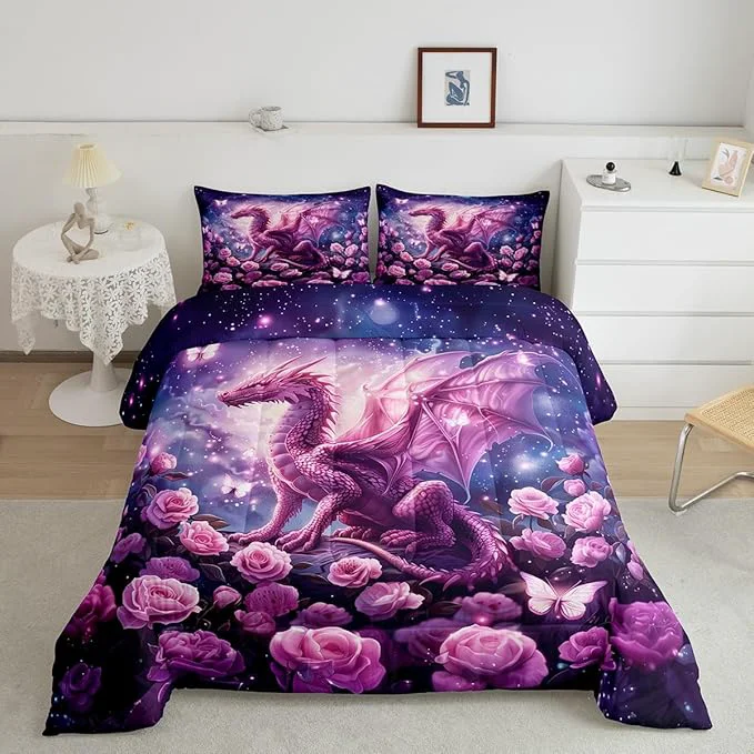 High-Performance Pink Dragon Comforter Set King Size Rose Flower Galaxy Butterfly Bedding Set for Kids Boys Girls Room Decor Glitter Starry Sky Fantasy Duvet Insert 3Pcs Wild Animal Nature Quilt Set 2 Pillowcases Enhanced