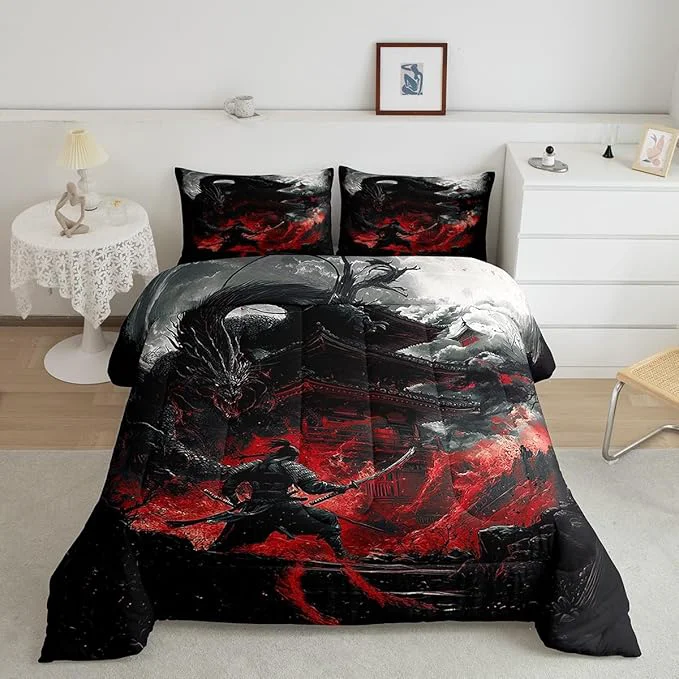 Original Design Feelyou Dragon Comforter Set Twin Size Japanese Style Comforter for Boys Girls Teens Samurai Bedding Set Dragon Decor Duvet Set Room Decor Black Red Quilt Set Fine