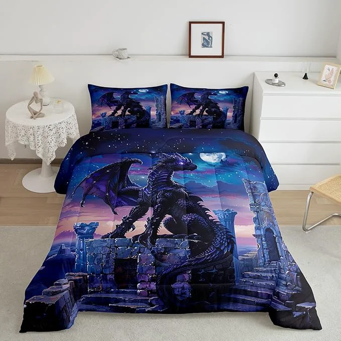 First-Class Feelyou Dragon Comforter Set Twin Size Moon Light Dragon Comforter for Boys Girls Teens Gothic Bedding Set Wildlife Duvet Set Room Decor Acid Blue Quilt Set Solid