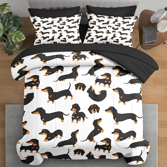 Natural Comforter Set King Size Dog Family Animal 7 Pcs Bedding for Kids and Adults Happy Cute Dachshund Bed Sheet Sets with Fitted Sheet 2 Pillowcases amp 2 Shams for Bedroom Bed Decor Unique