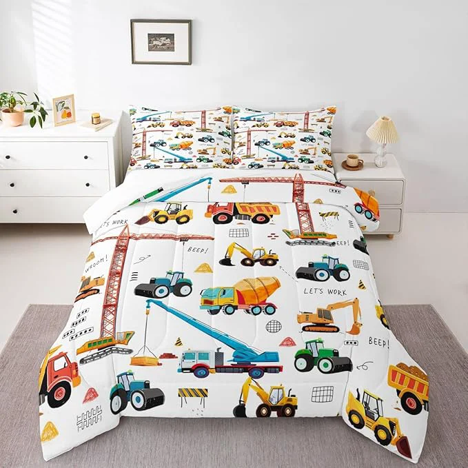 Trendy Erosebridal Cartoon Car Kids Comforter Set Truck Bedding Set Decor Construction Excavator Tractor Quilted Duvet Heavy Machinery Digger Mixer Down Comforter for Children Boys Teens 3Pcs Queen Optimized