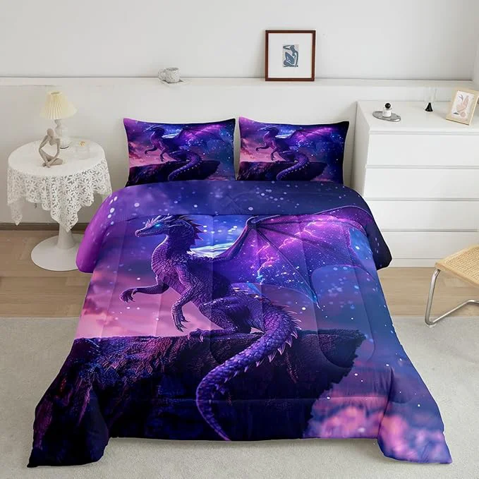 Relaxed 3D Purple Dragon Comforter Set Full Size Galaxy Nebula Starry Sky Fantasy Bedding Set for Kids Boys Girls Room Decor Modern Trippy Quilt Set al Wild Animal Duvet Insert 3Pcs 2 Pillowcases Excellent