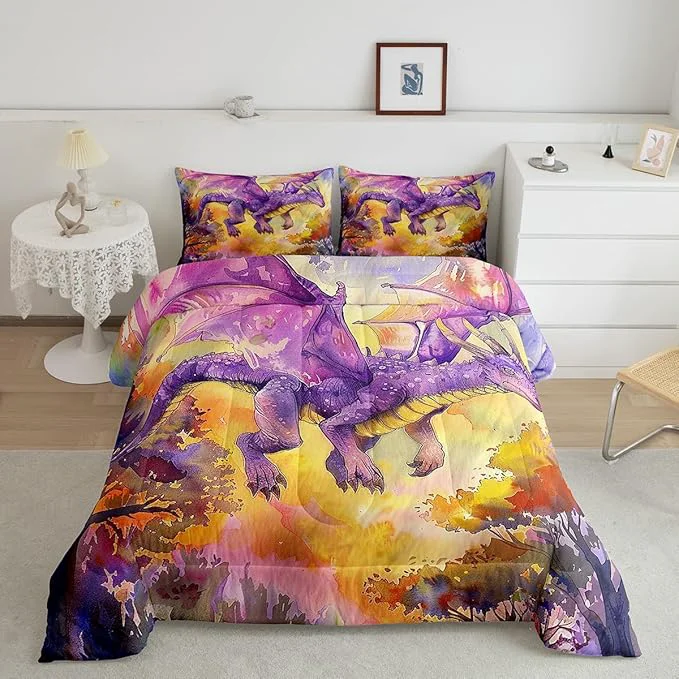 Eco-Friendly Purple Dragon Comforter Set Queen Size Cartoon Animal Bedding Set for Kids Boys Girls Room Decor Watercolor Abstract Art Duvet Insert 3Pcs Jungle Flying Dragon Wildlife Quilt Set 2 Pillowcases Next-Generation