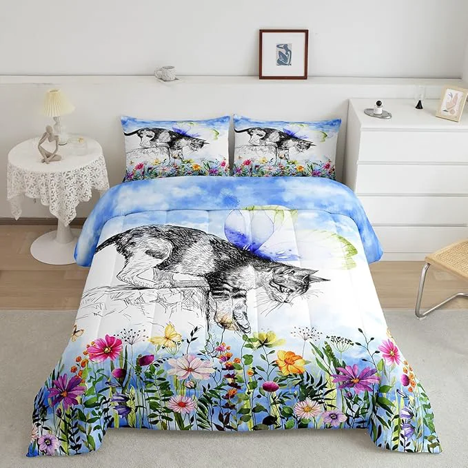 Eco-Friendly Erosebridal Cat Comforter Colorful Flower Bedding Set Cute Pet Animal Down Queen Butterfly Floral Leaves Plant Duvet Black and White Kawaii Farmhouse Room Decor Blue 3Pcs Warm Soft Proven