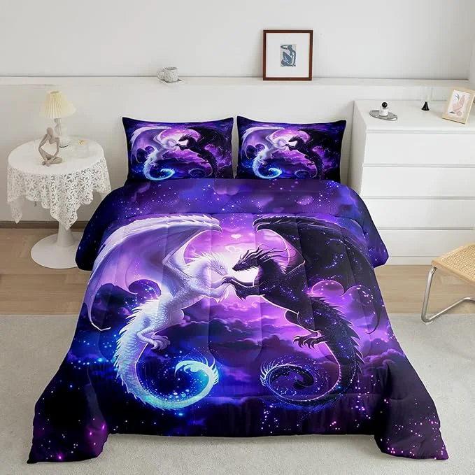 Comfortable Black White Dragon Bedding Set Full Size Nebula Star Glitter Comforter Set for Kids Teens Couple Adults Room Decor Western al Wildlife Duvet Insert 3Pcs Animal Purple Quilt Set 2 Pillowcases Fine