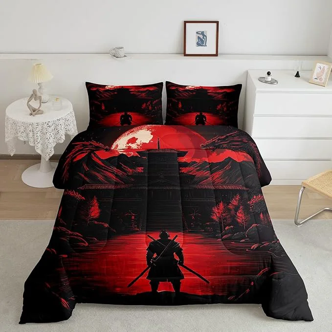 Superior Feelyou Dragon Comforter Set King Size Japanese Style Comforter for Boys Girls Teens Samurai Bedding Set Sunset Duvet Set Room Decor Red Black Quilt Set Reusable