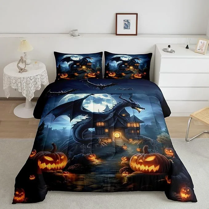 Original Design Halloween Dragon Comforter Set King Size Pumpkin Wooden Cabin Bedding Set for Kids Boys Girls Room Decor Moonlight Bat Wild Animal Duvet Insert 3Pcs Western al Dragon Quilt Set 2 Pillowcases Detailed