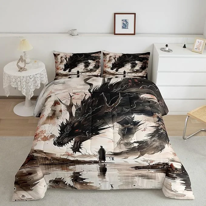 Superior Feelyou Dragon Comforter Set Twin Size Japanese Style Comforter for Boys Girls Teens Samurai Bedding Set Japanese Ukiyoe Duvet Set Room Decor Black Beige Quilt Set Long-Lasting