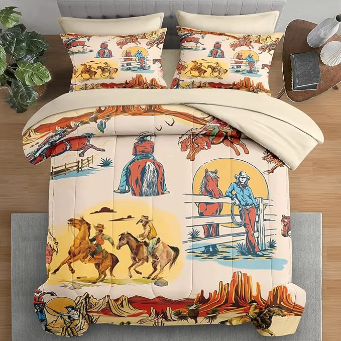 Top-Quality Comforter Set Full Size Western Cowboy Retro Colorful 7 Pcs Bedding for Kids and Adults Vintage Horse Cowgirl Bed Sheet Sets with Fitted Sheet 2 Pillowcases amp 2 Shams for Bedroom Bed Decor Proven